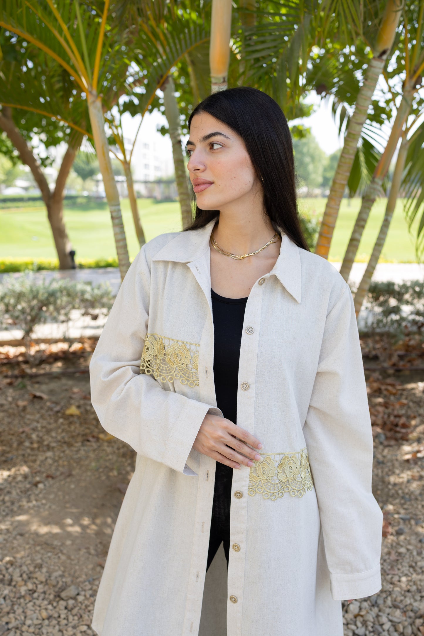 Modest Beige Glimmer Longline Shirt with Gold Lace