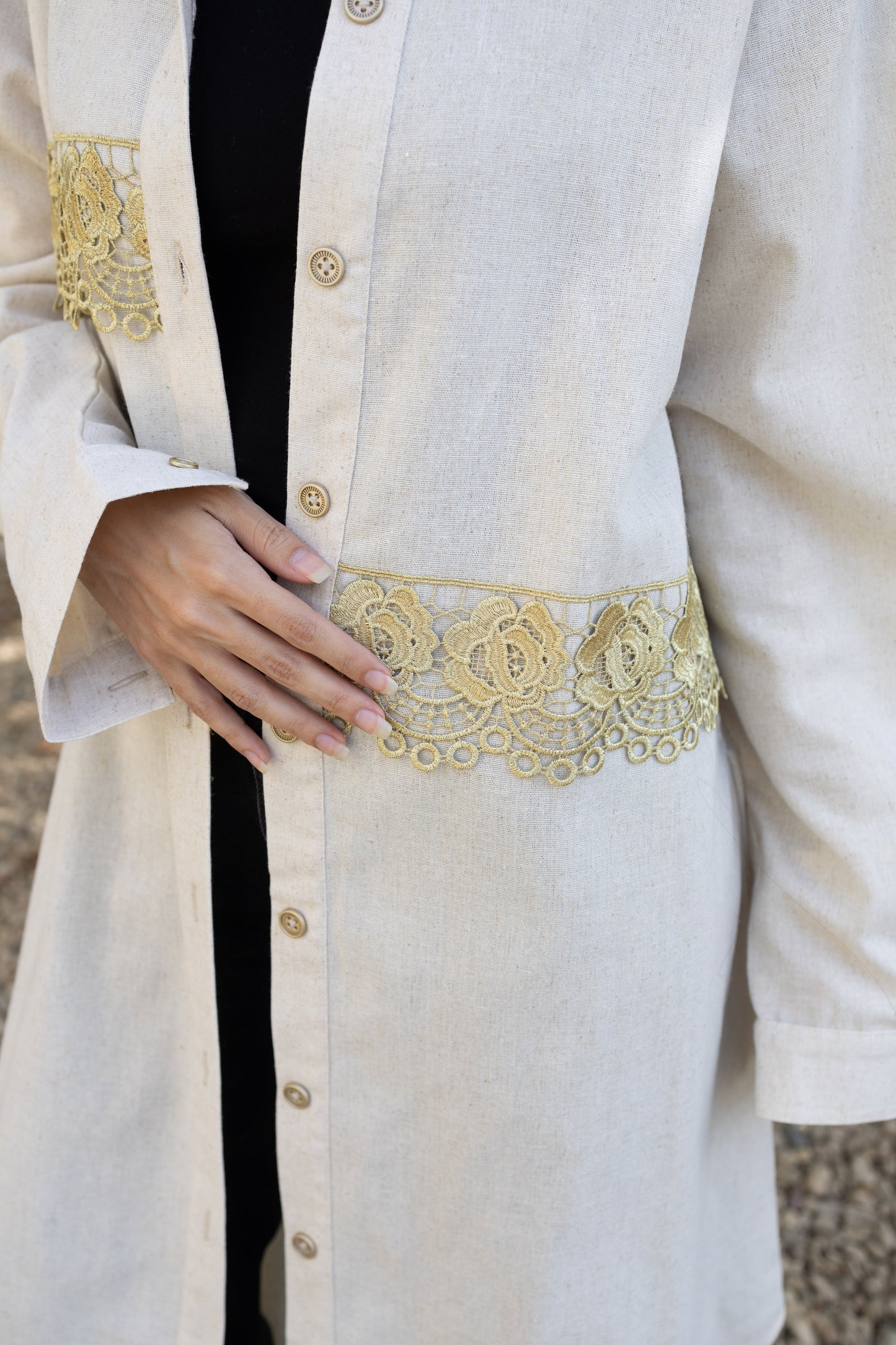 Modest Beige Glimmer Longline Shirt with Gold Lace