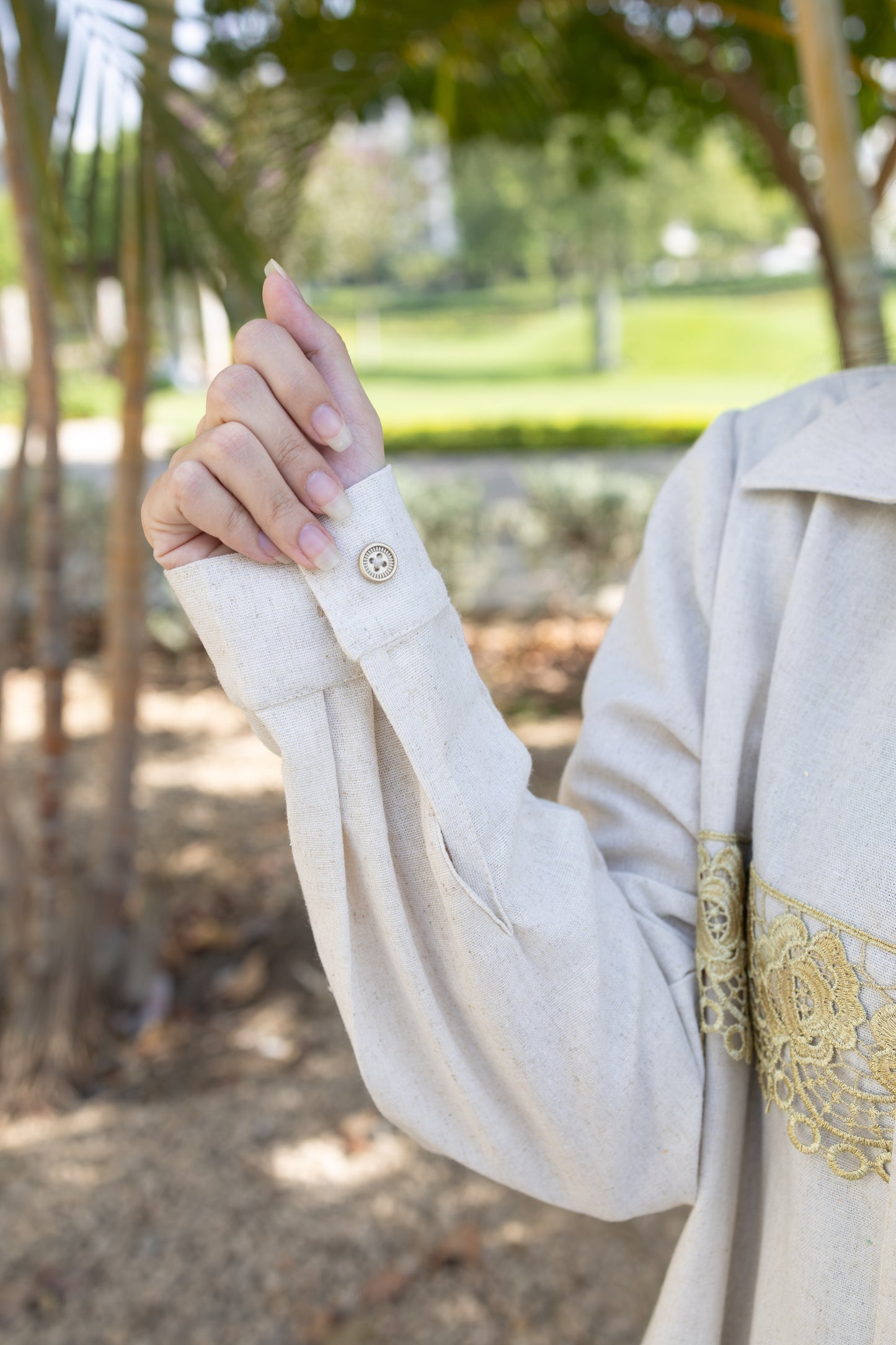 Modest Beige Glimmer Longline Shirt with Gold Lace