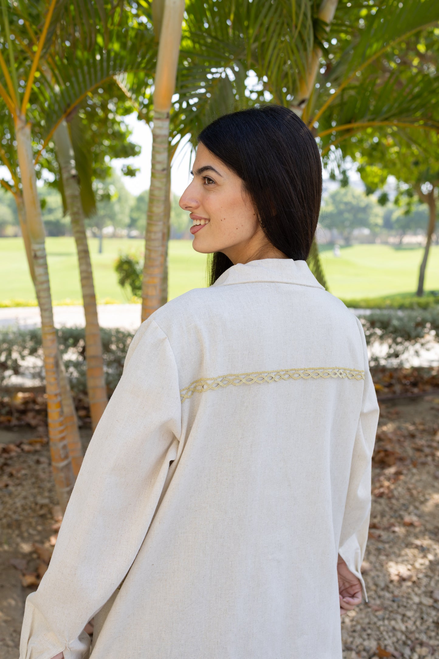 Modest Beige Glimmer Longline Shirt with Gold Lace