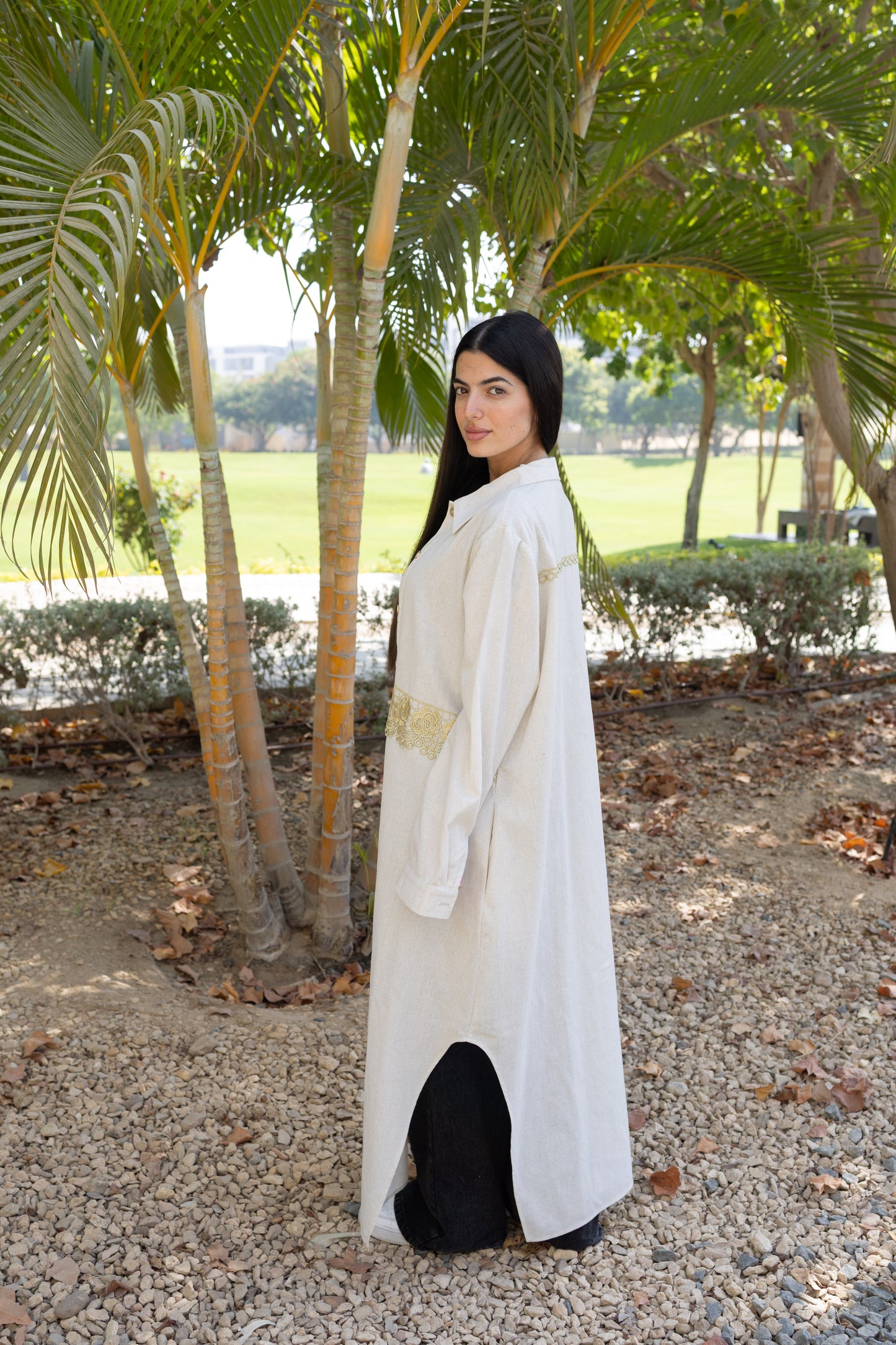 Modest Beige Glimmer Longline Shirt with Gold Lace