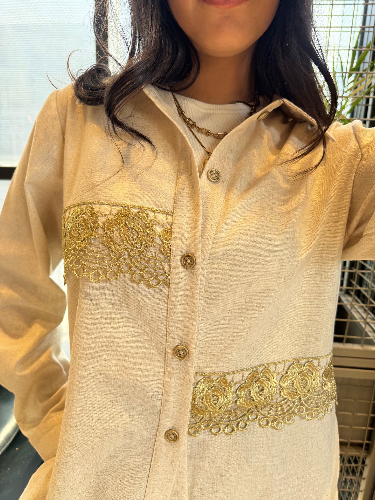 Modest Beige Glimmer Longline Chemise with Gold Lace – Lightweight Linen Shirt Dress for Women