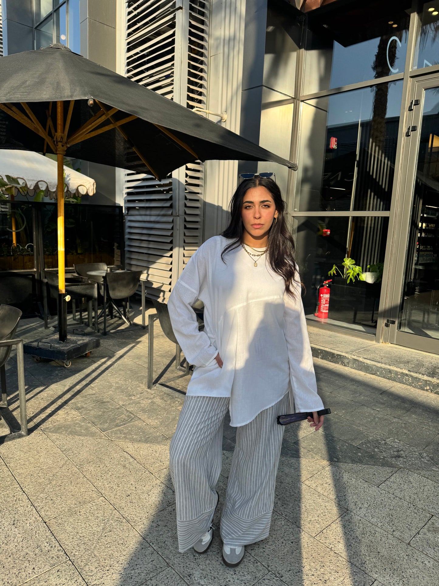Lina Striped Linen Pants – Grey & White