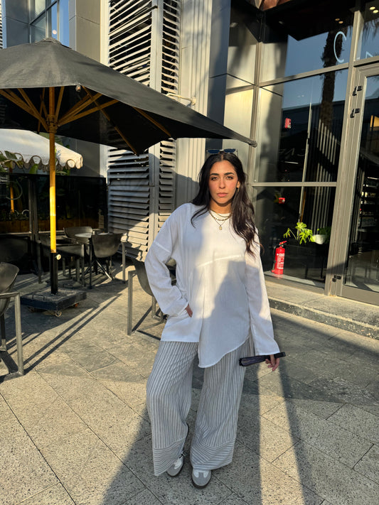 Lina Striped Linen Pants – Grey & White