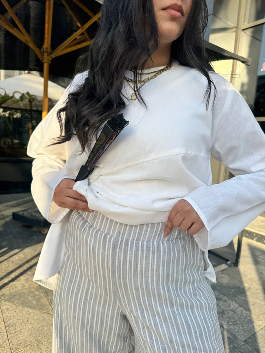 Lina Striped Linen Pants – Grey & White