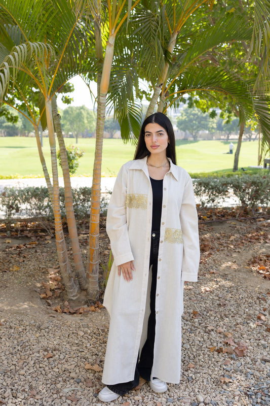 Modest Beige Glimmer Longline Shirt with Gold Lace